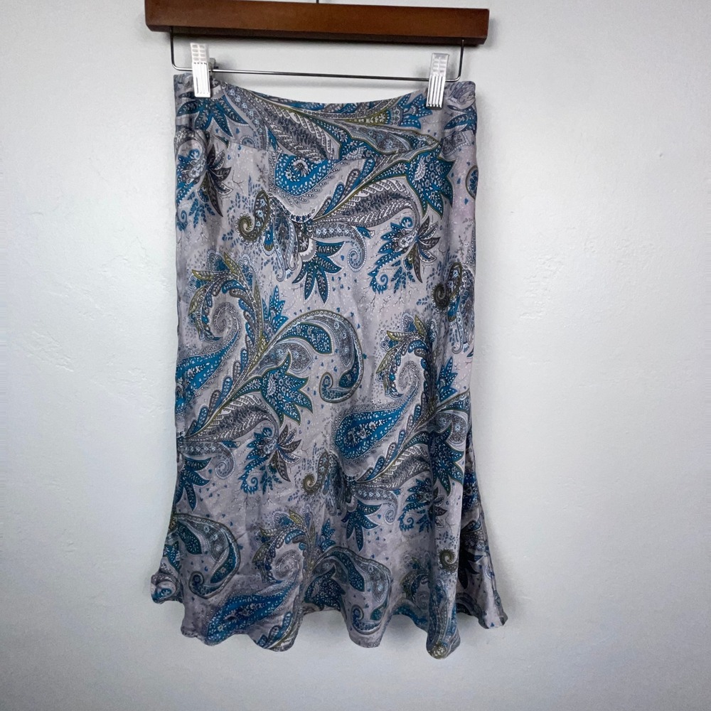 Kate Hill Skirt Women 4P Gray Paisley 100% Silk Mid Length A-Line Petite Boho